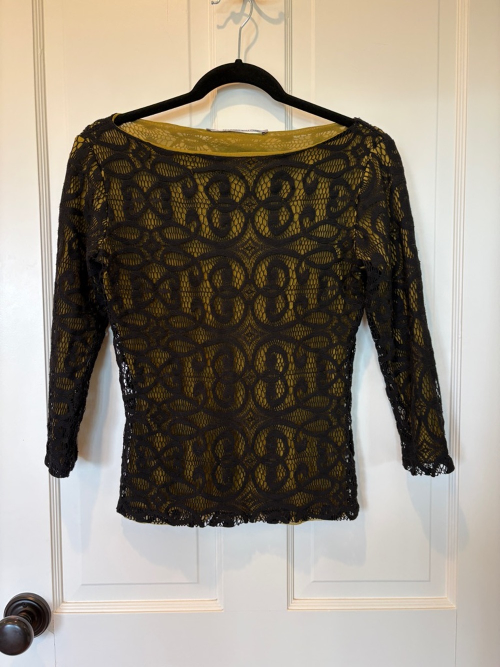 Cora Kemperman Black Lace Overlay Boatneck Top with Mustard Lining